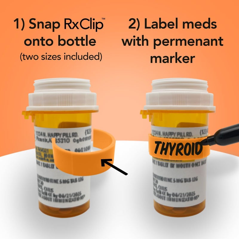 RxClip 20 Pack Medicine Bottle Label Clips for Easy Medication Identification - 20ct Multipack with Marker (Tangerine) - Image 3